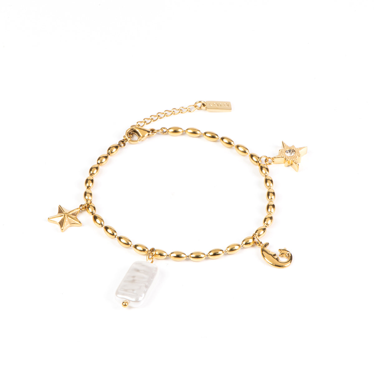 Bracelet vintage chic acier inoxydable or avec perle baroque et breloques étoile, lune, boussole - Juliana 1