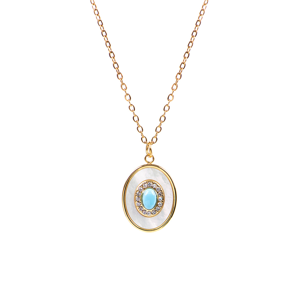 Collier acier inoxydable or pendentif ovale turquoise, nacre et zircons - Mariana 1 or-2