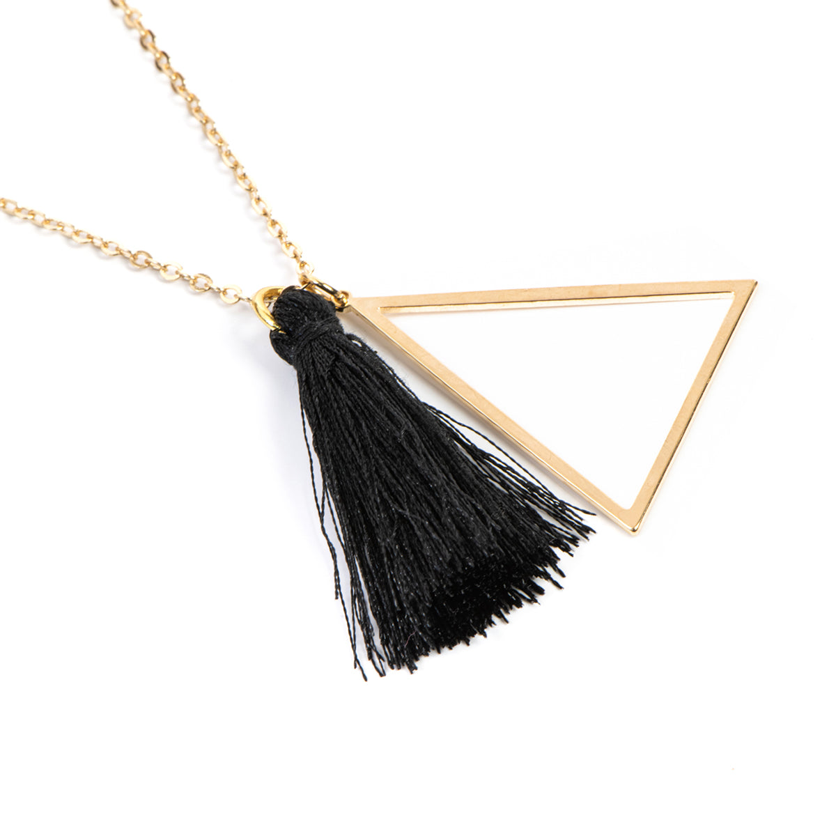 Collier long délicat placage or avec pendentifs triangle et pompon noir - Mariana 3-3