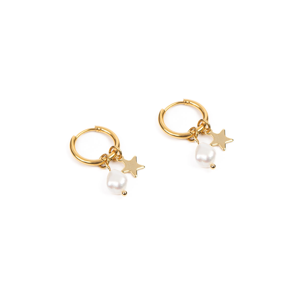 Boucles d'oreilles anneaux 14 mm acier inoxydable or avec étoile et perle naturelle - Mariana 7 or-3