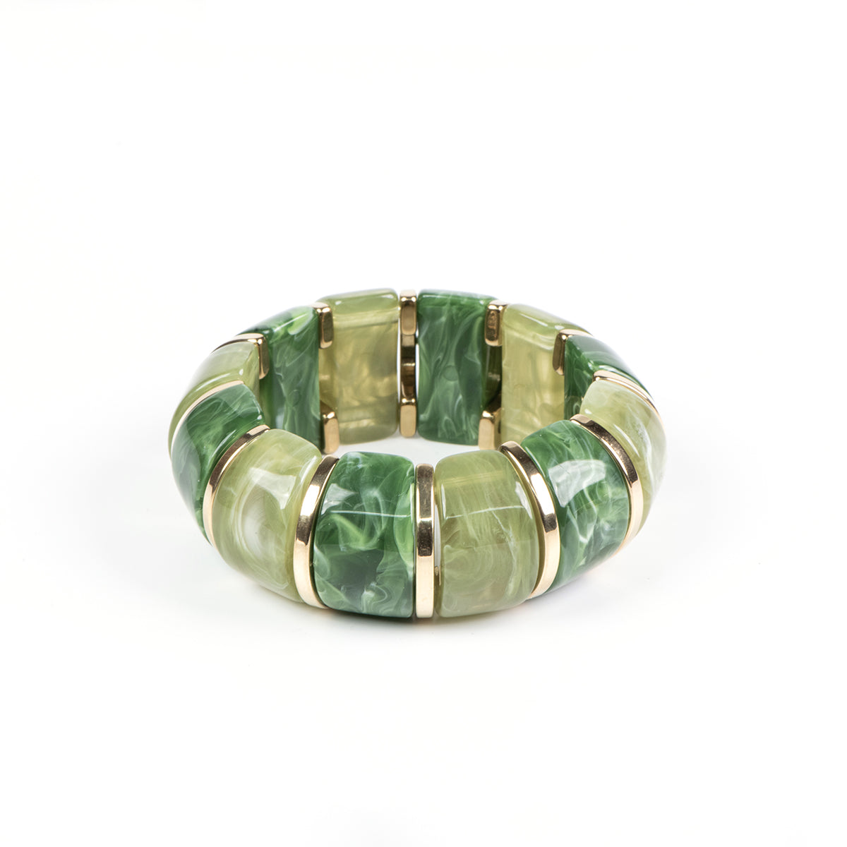 Bracelet élastique maximaliste fait en résine de couleur verte et en acier inoxydable or - Juliana 2 vert-2