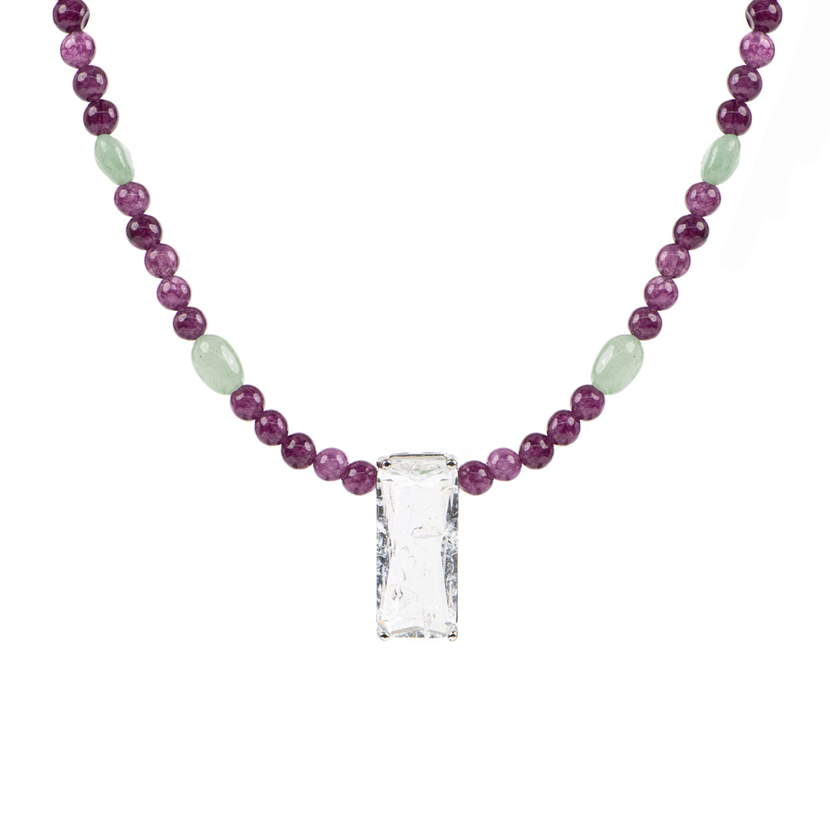 Collier court argent billes et pierres semi-précieuses mauve, vert, cristal de roche - Simone 4-2