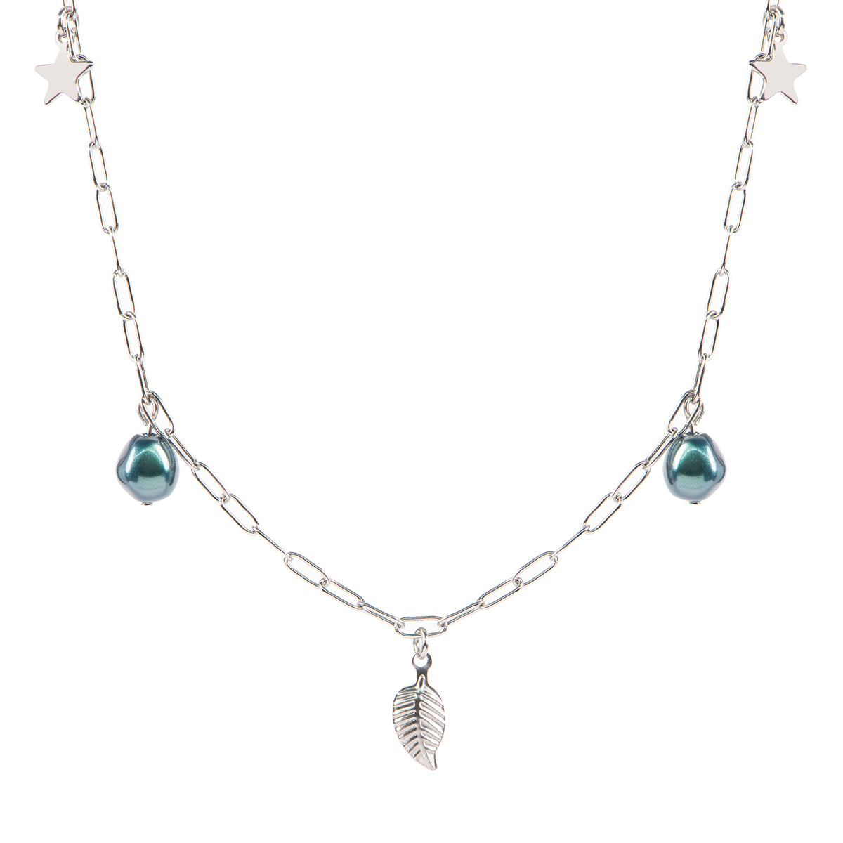Collier court acier inoxydable chaîne paperclip avec perles vertes, étoiles et feuille - Juliana 8-2