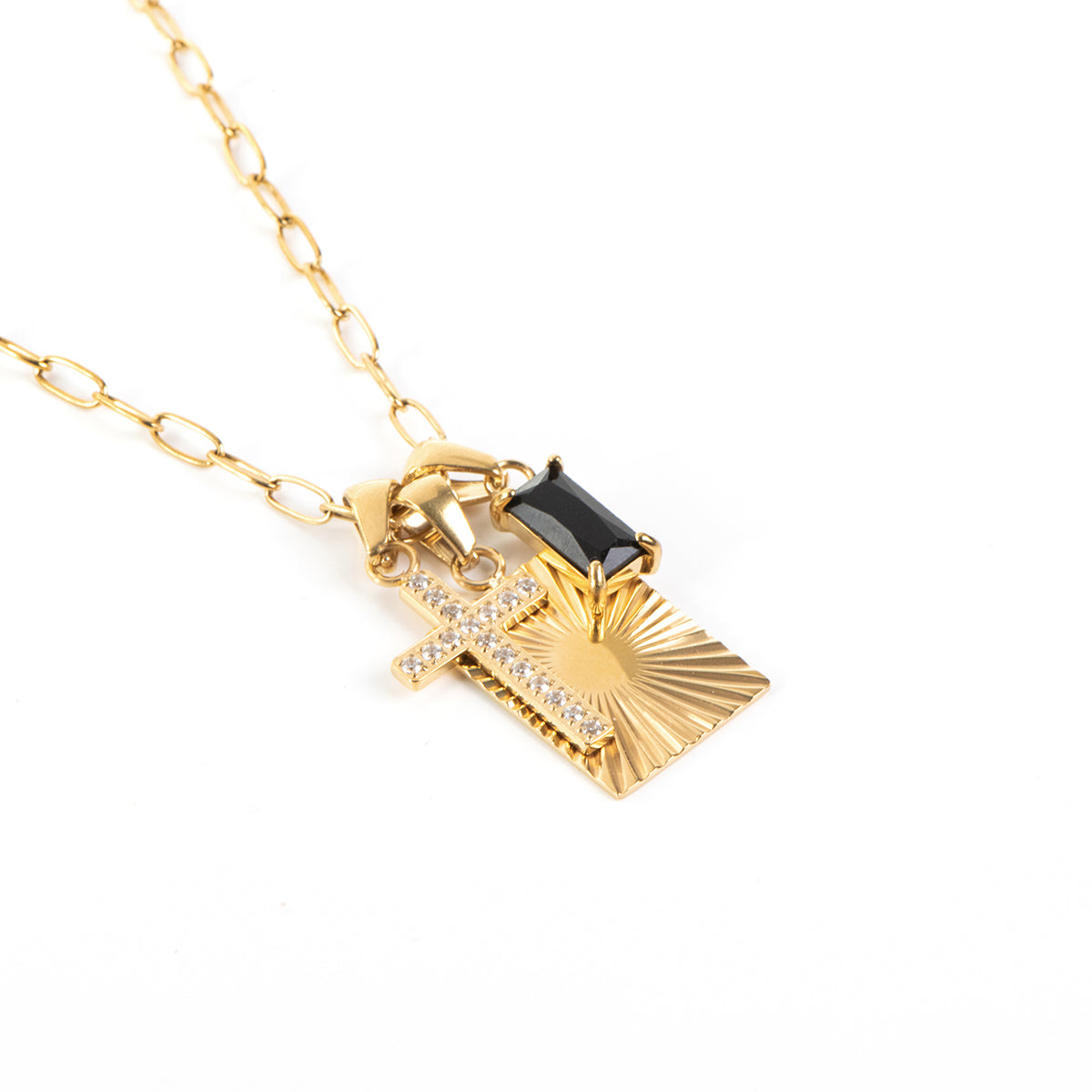 Collier court acier inoxydable or avec 3 breloques: rectangle, croix et zircon noir - Juliana 2-4