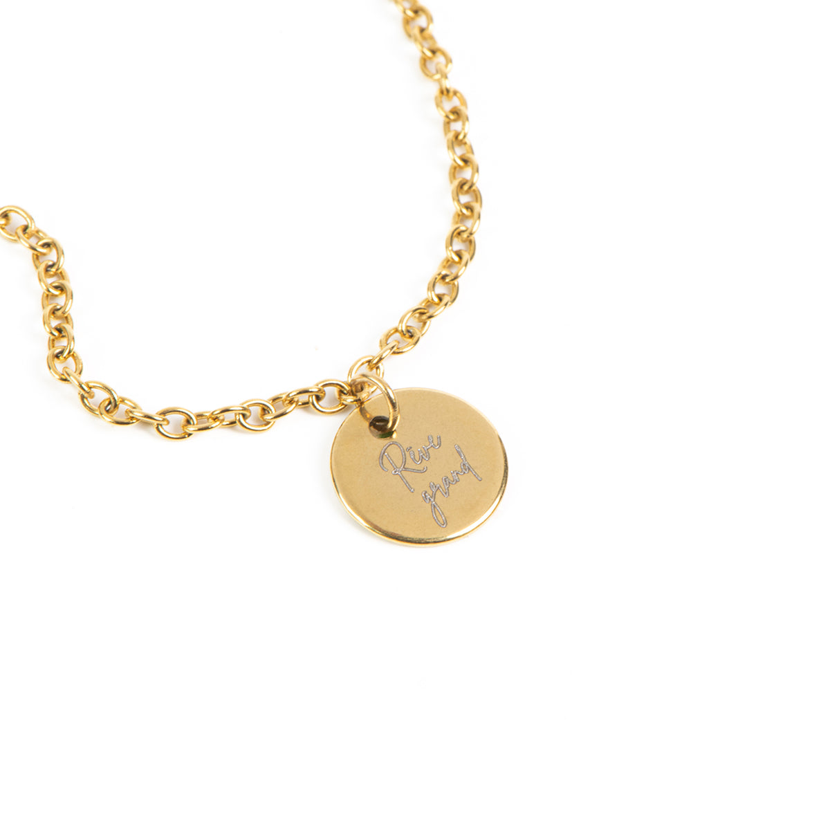 Bracelet délicat acier inoxydable or avec médaillon rond 10 mm gravé Rêve grand - Kara 4-2