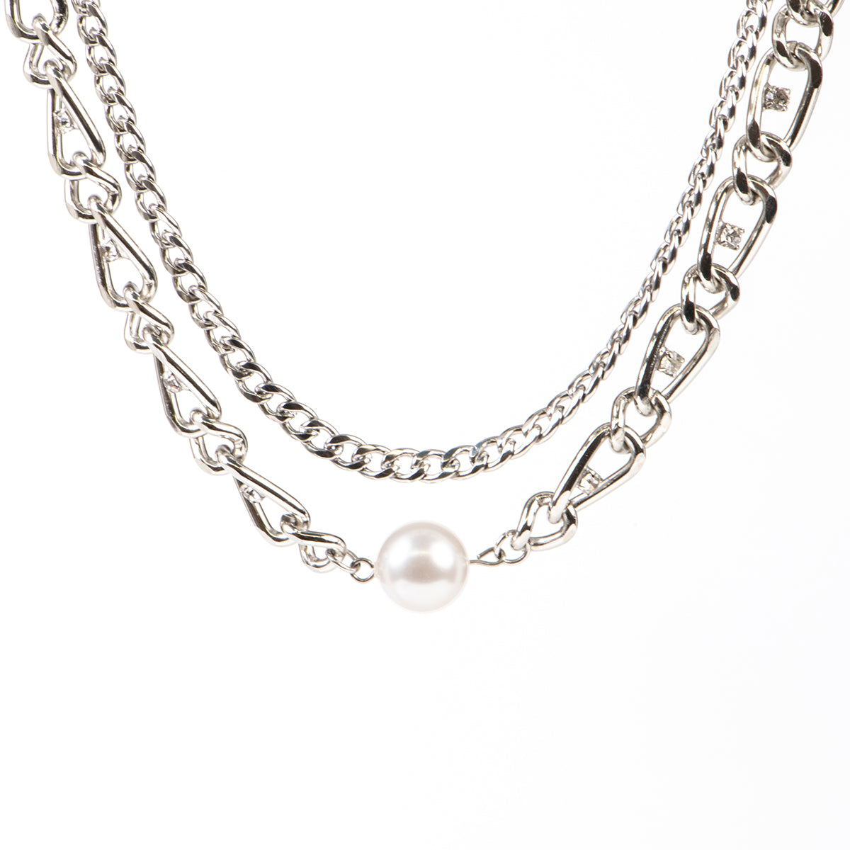 Collier deux rangs maximaliste chaîne à gros maillons avec cristaux et perle blanche - Margot 3-2