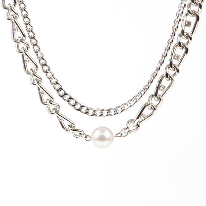 Collier deux rangs maximaliste chaîne à gros maillons avec cristaux et perle blanche - Margot 3-2