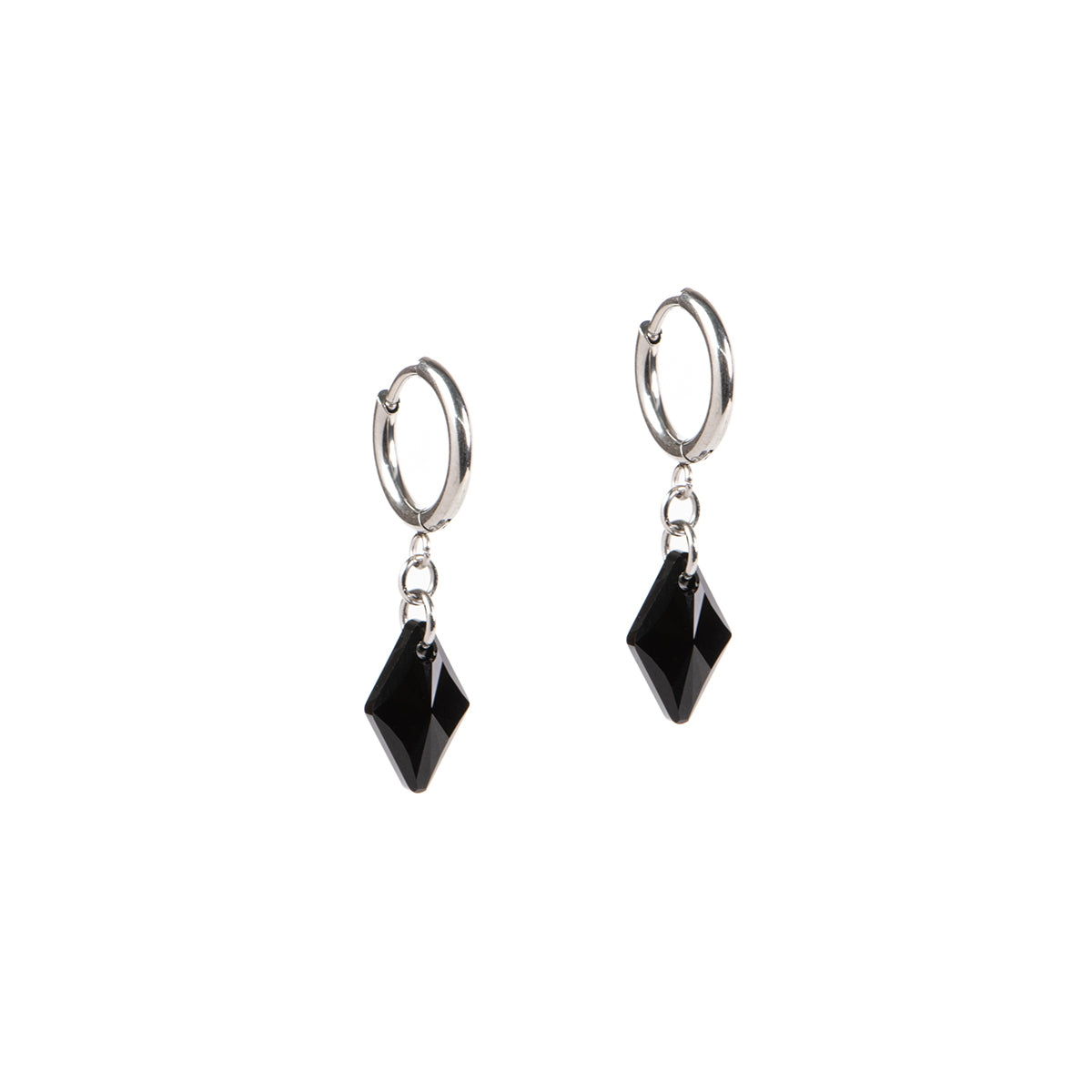 Boucles d'oreilles acier inoxydable anneaux avec cristaux Swarovski noirs losanges - Diana 3-1