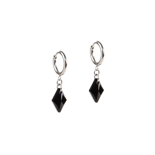 Boucles d'oreilles acier inoxydable anneaux avec cristaux Swarovski noirs losanges - Diana 3-1