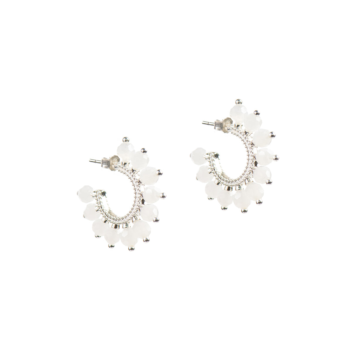 Boucles d'oreilles anneaux ouverts design soleil avec billes blanches plaqué argent - Mariana 2-1