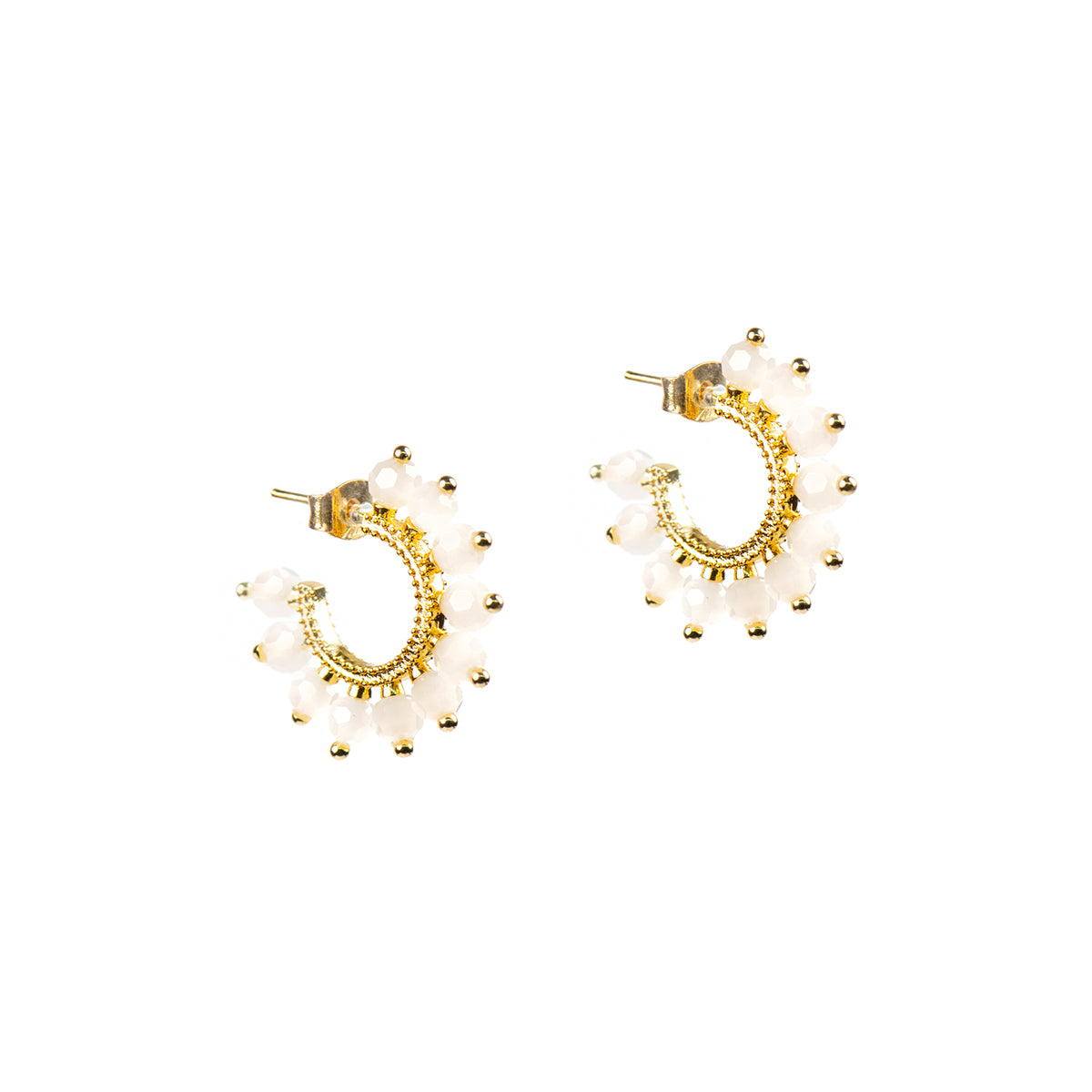 Boucles d'oreilles anneaux ouverts design soleil avec billes rose pâle plaqué or 14K - Mariana 2-1