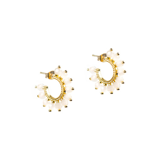Boucles d'oreilles anneaux ouverts design soleil avec billes rose pâle plaqué or 14K - Mariana 2-1