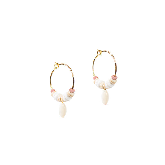Boucles d'oreilles boho chic anneaux minces or avec billes coquillage - Mariana 3-1