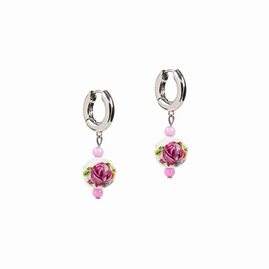 Boucles d'oreilles anneaux chunky placage rhodium avec bille fleur en céramique - Mariana 5-1