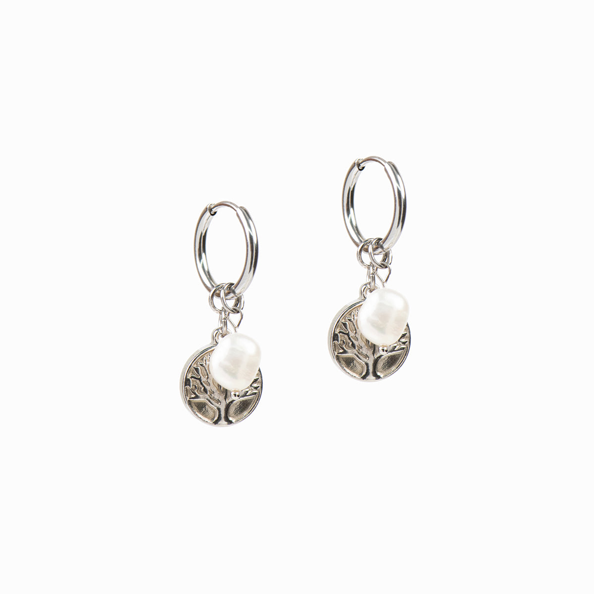 Boucles d'oreilles anneaux 14 mm acier inoxydable avec arbre de vie et perle - Mariana 6 argent-1