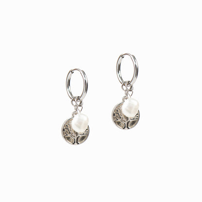 Boucles d'oreilles anneaux 14 mm acier inoxydable avec arbre de vie et perle - Mariana 6 argent-1