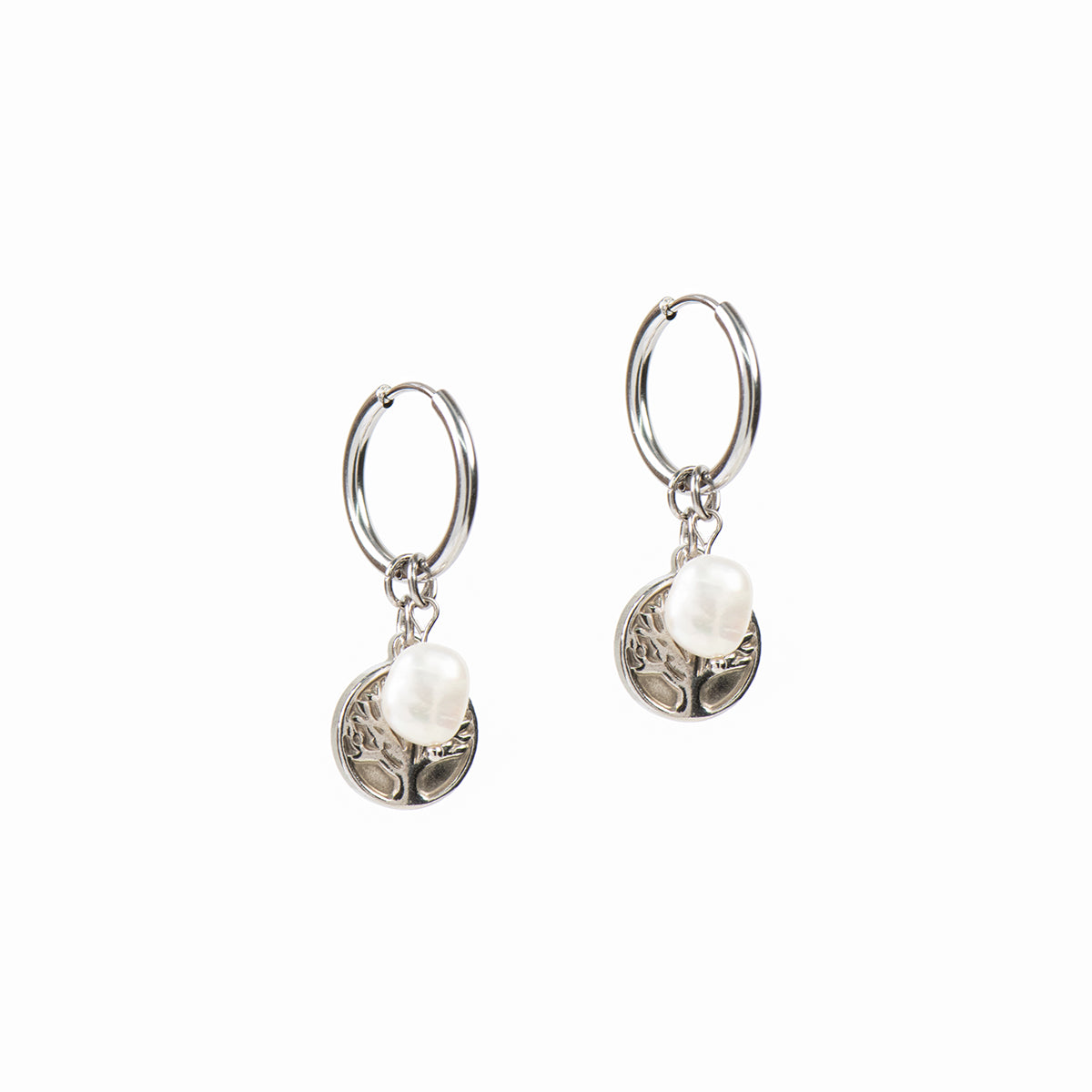 Boucles d'oreilles anneaux 16 mm acier inoxydable avec arbre de vie et perle - Mariana 6 argent-1