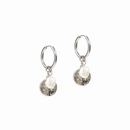 Boucles d'oreilles anneaux 16 mm acier inoxydable avec arbre de vie et perle - Mariana 6 argent-1