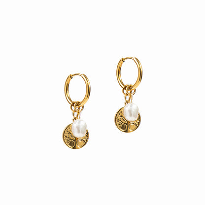 Boucles d'oreilles anneaux 14 mm acier inoxydable or avec arbre de vie et perle - Mariana 6 or-1