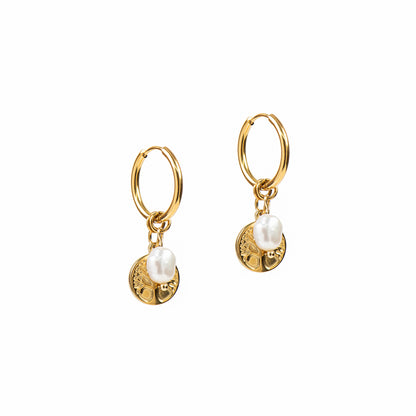 Boucles d'oreilles anneaux 16 mm acier inoxydable or avec arbre de vie et perle - Mariana 6 or-1
