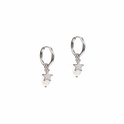 Boucles d'oreilles anneaux 14 mm acier inoxydable avec étoile et perle naturelle - Mariana 7 argent-1