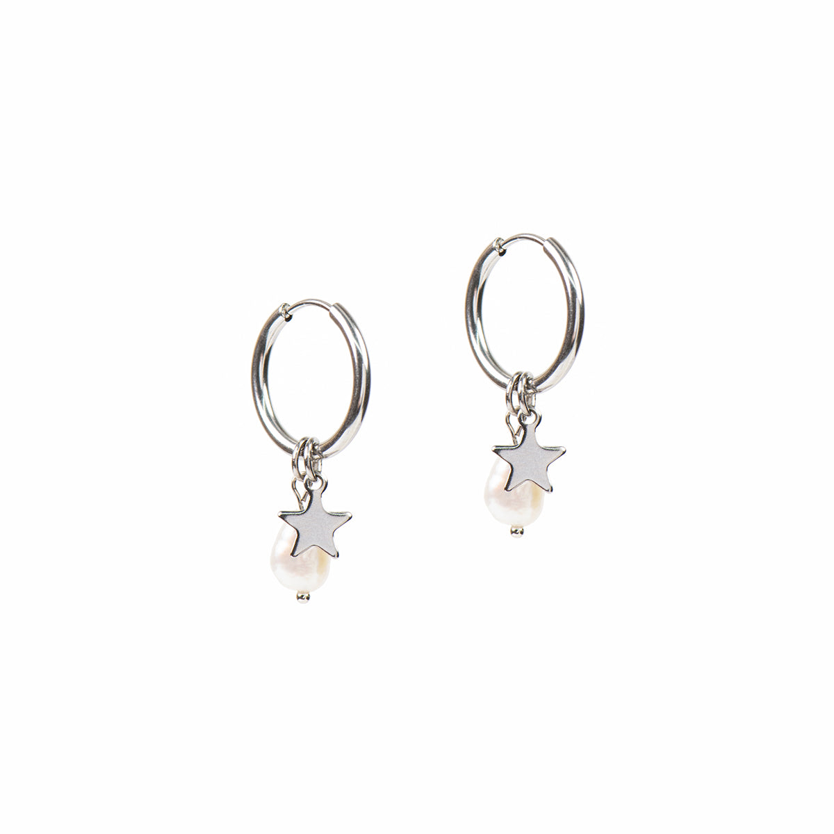 Boucles d'oreilles anneaux 16 mm acier inoxydable avec étoile et perle naturelle - Mariana 7 argent-1
