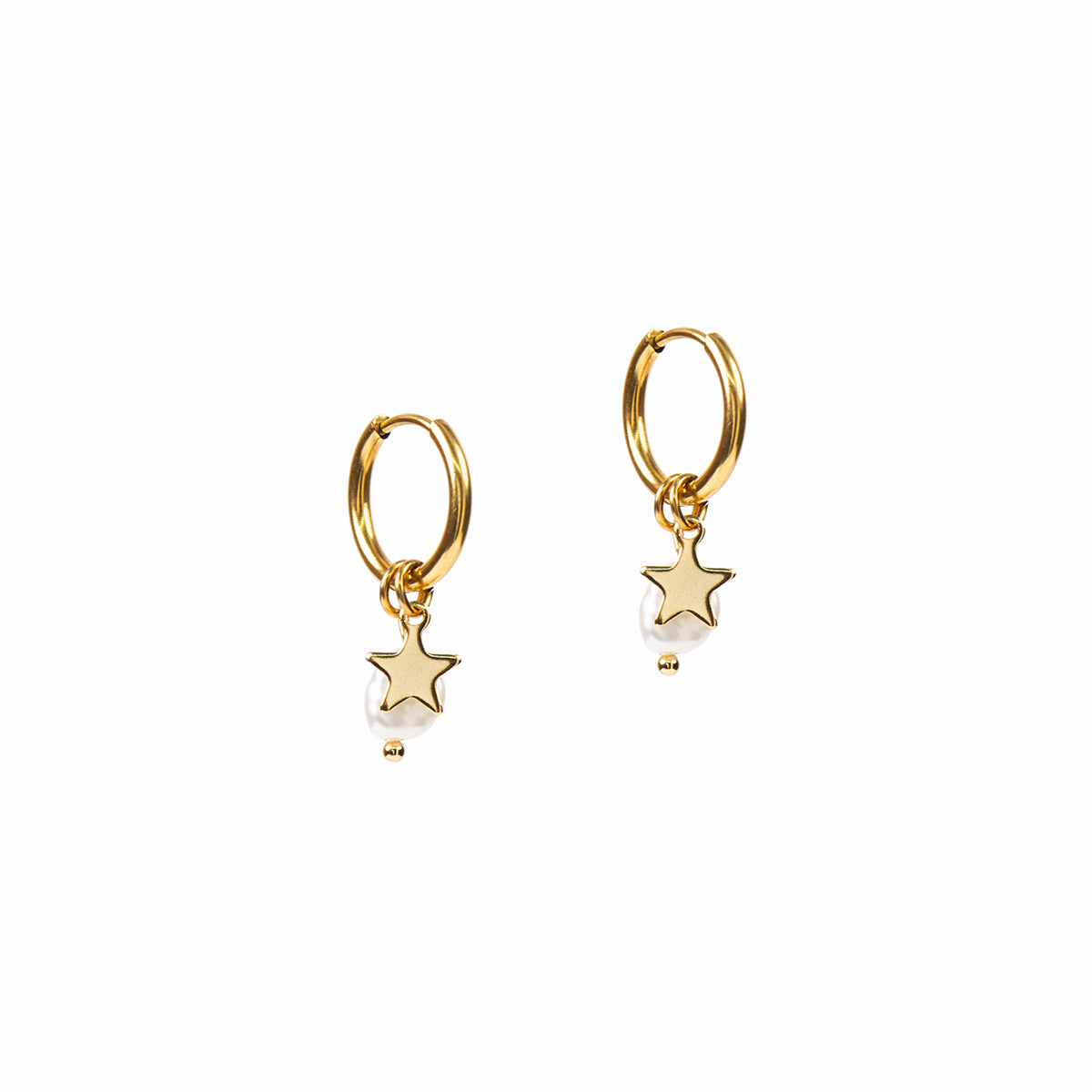 Boucles d'oreilles anneaux 14 mm acier inoxydable or avec étoile et perle naturelle - Mariana 7 or-1