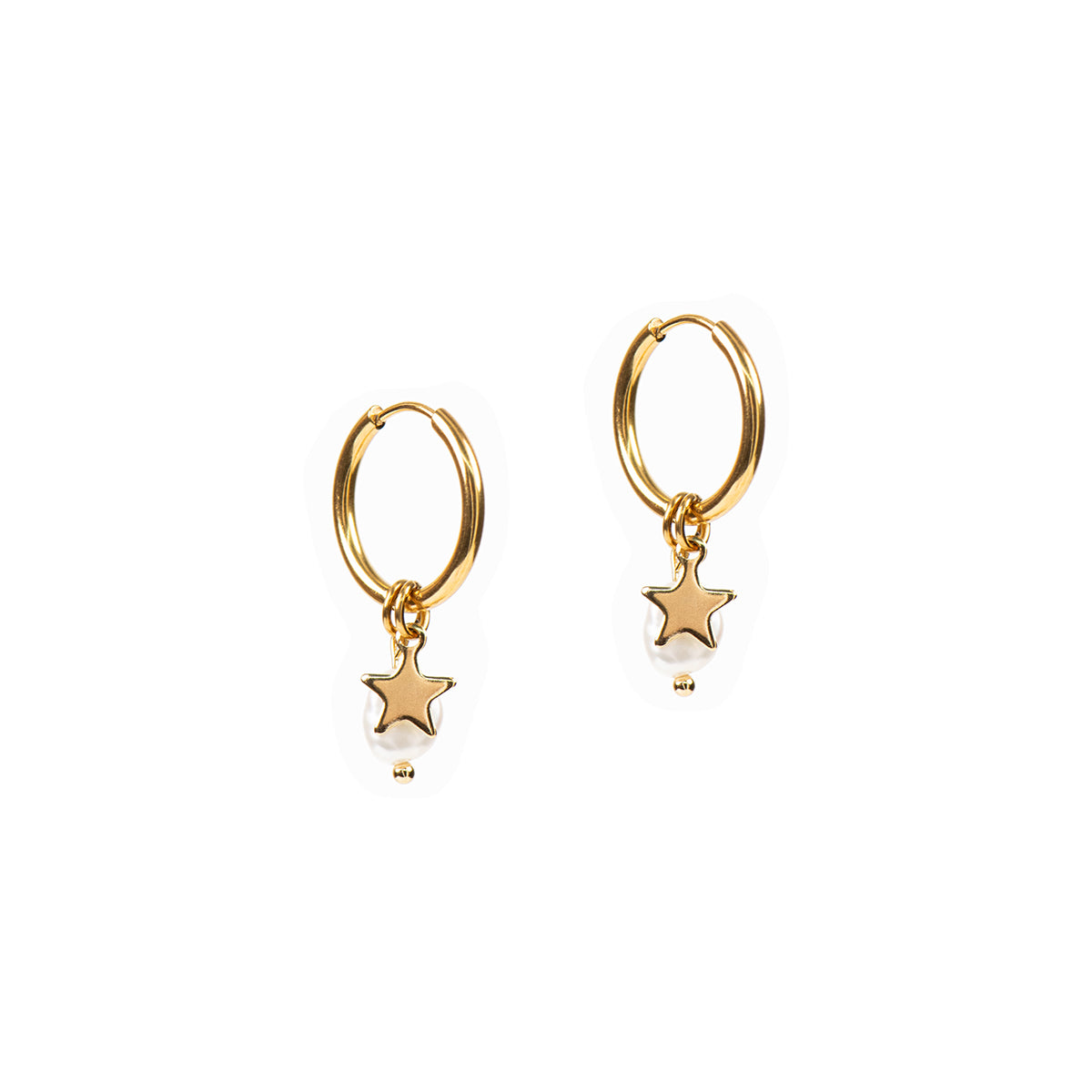 Boucles d'oreilles anneaux 16 mm acier inoxydable or avec étoile et perle naturelle - Mariana 7 or-1