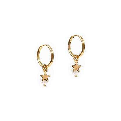 Boucles d'oreilles anneaux 16 mm acier inoxydable or avec étoile et perle naturelle - Mariana 7 or-1