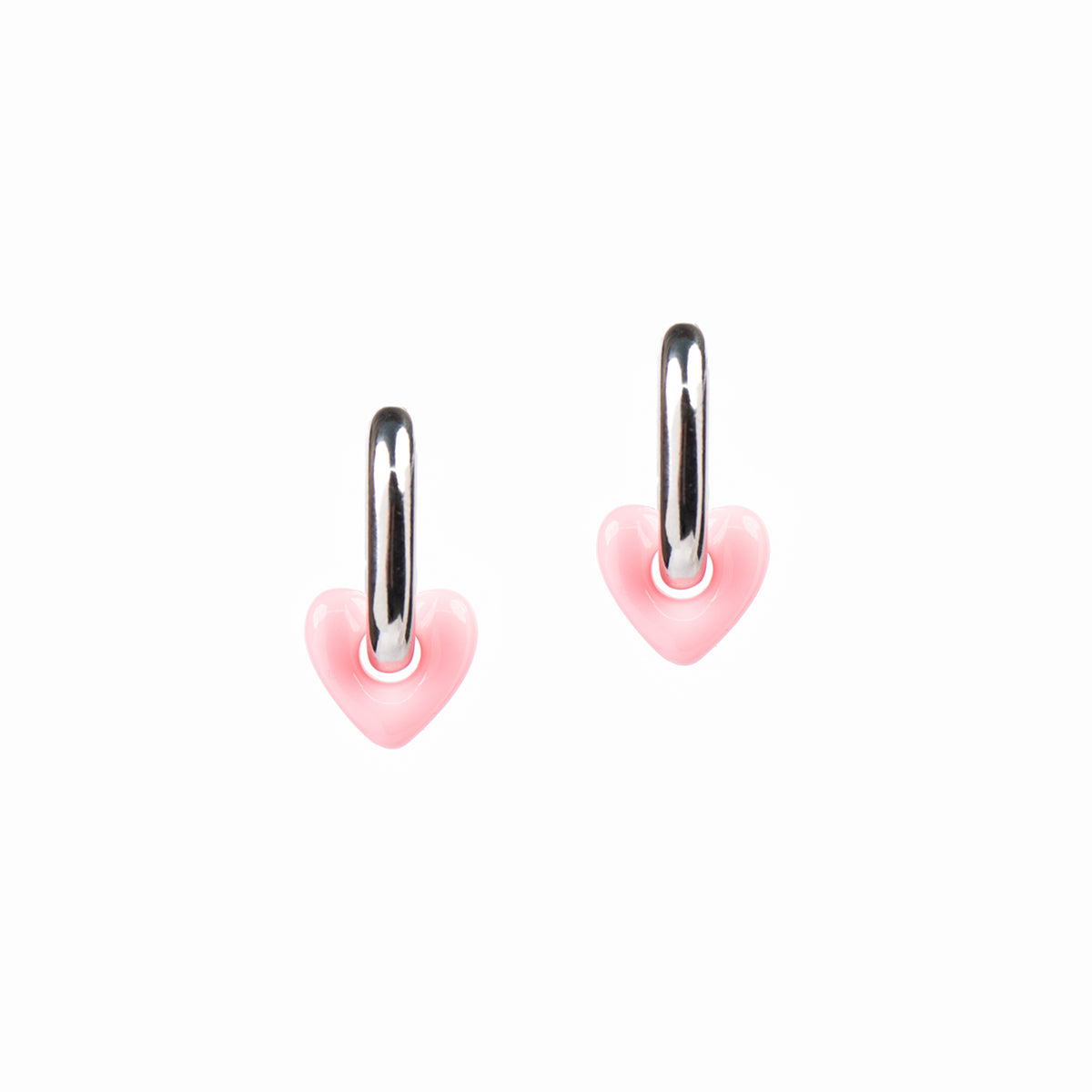 Boucles d'oreilles anneaux ovales épais placage rhodium coeur résine rose - Sabrina 1-1