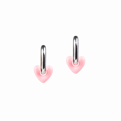 Boucles d'oreilles anneaux ovales épais placage rhodium coeur résine rose - Sabrina 1-1