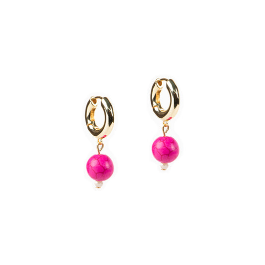 Boucles d'oreilles plaquées or 14K anneaux chunky avec billes howlite rose - Simone 5-1