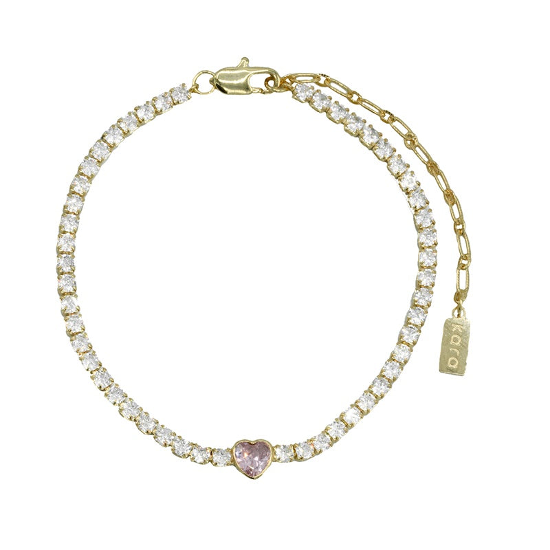Bracelet plaqué or 14K avec zircons cubiques style tennis coeur rose - Amour 7
