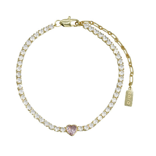 Bracelet plaqué or 14K avec zircons cubiques style tennis coeur rose - Amour 7