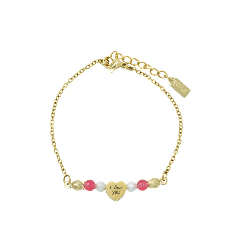 Bracelet acier inoxydable or avec billes roses et perles blanches avec coeur I love you - Amour 8