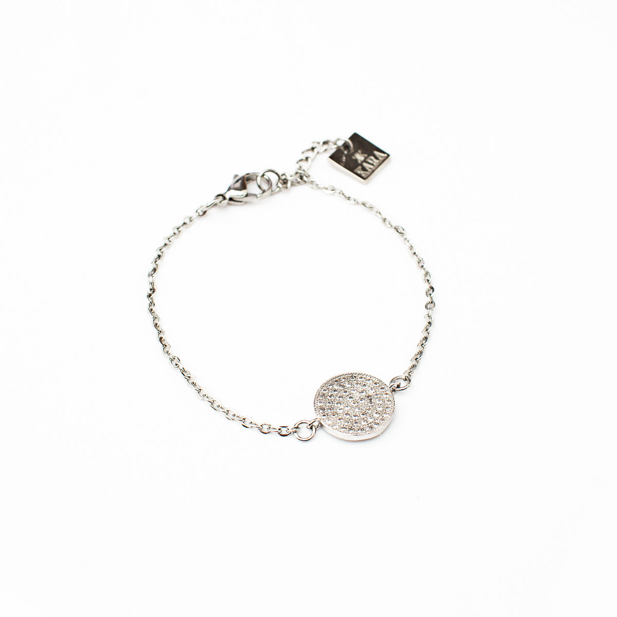 Bracelet chaîne acier inoxydable avec connecteur rond zircons plaqué rhodium - Emma 1