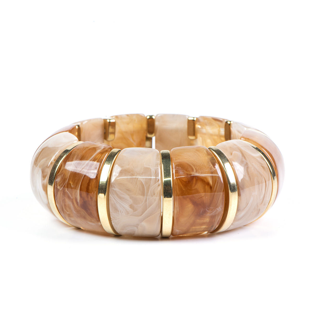 Bracelet élastique maximaliste fait en résine de couleur beige-brun et en acier inoxydable or - Juliana 2 brun-1