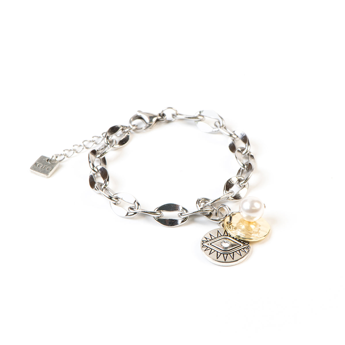 Bracelet Margot 4 gros maillons placage argent avec perle et médaillons-1