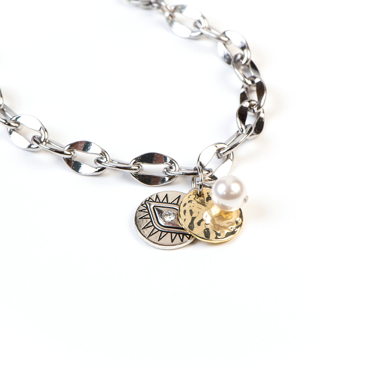 Bracelet Margot 4 gros maillons placage argent avec perle et médaillons-2