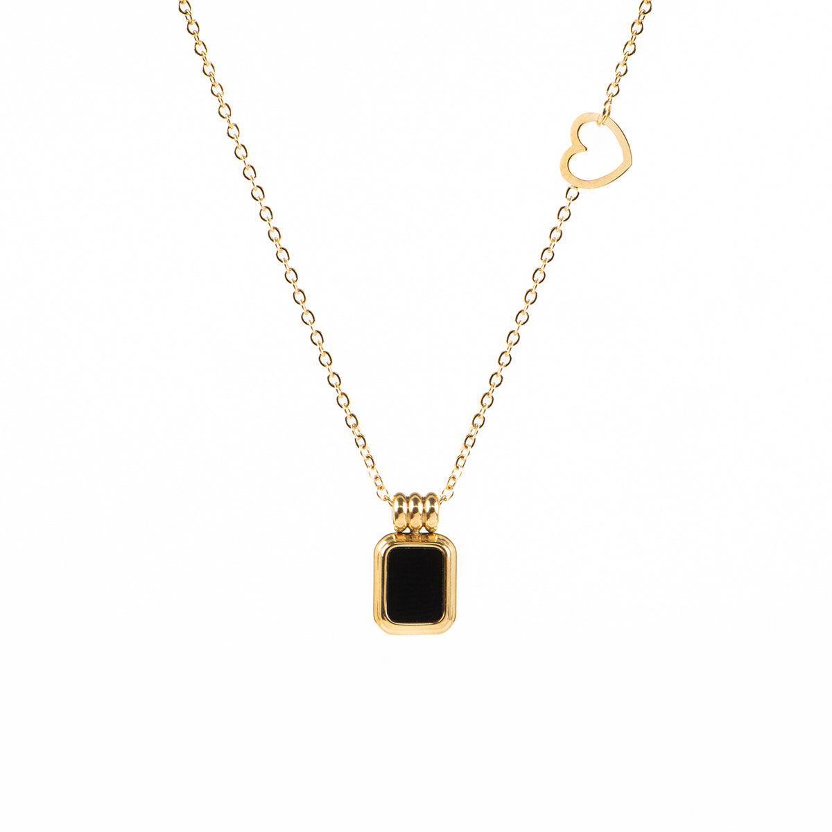 Collier délicat en acier inoxydable or avec insertion de coeur et pendentif onyx noir - Alice 5-2