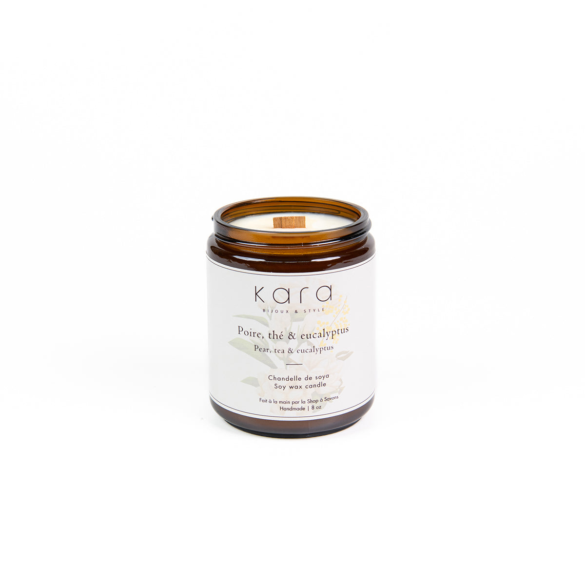 Chandelle de soya faite au Québec avec mèche de bois - Poire, thé et eucalyptus-1