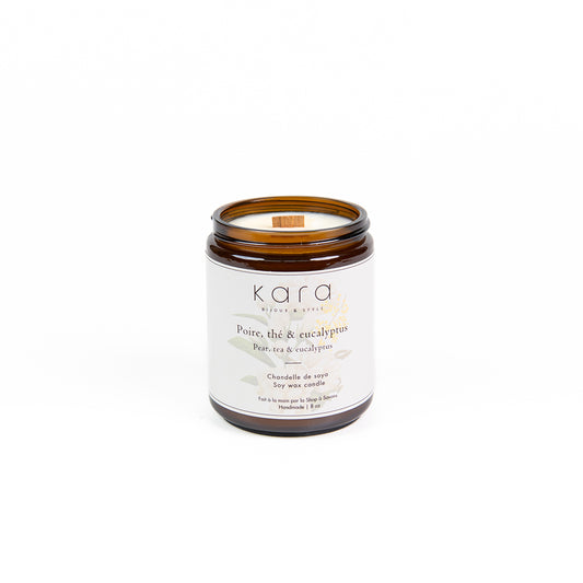 Chandelle de soya faite au Québec avec mèche de bois - Poire, thé et eucalyptus-1