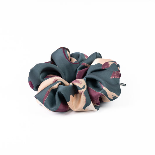 Accessoire à cheveux chouchou satiné grand au motif floral sarcelle - Sabrina 3