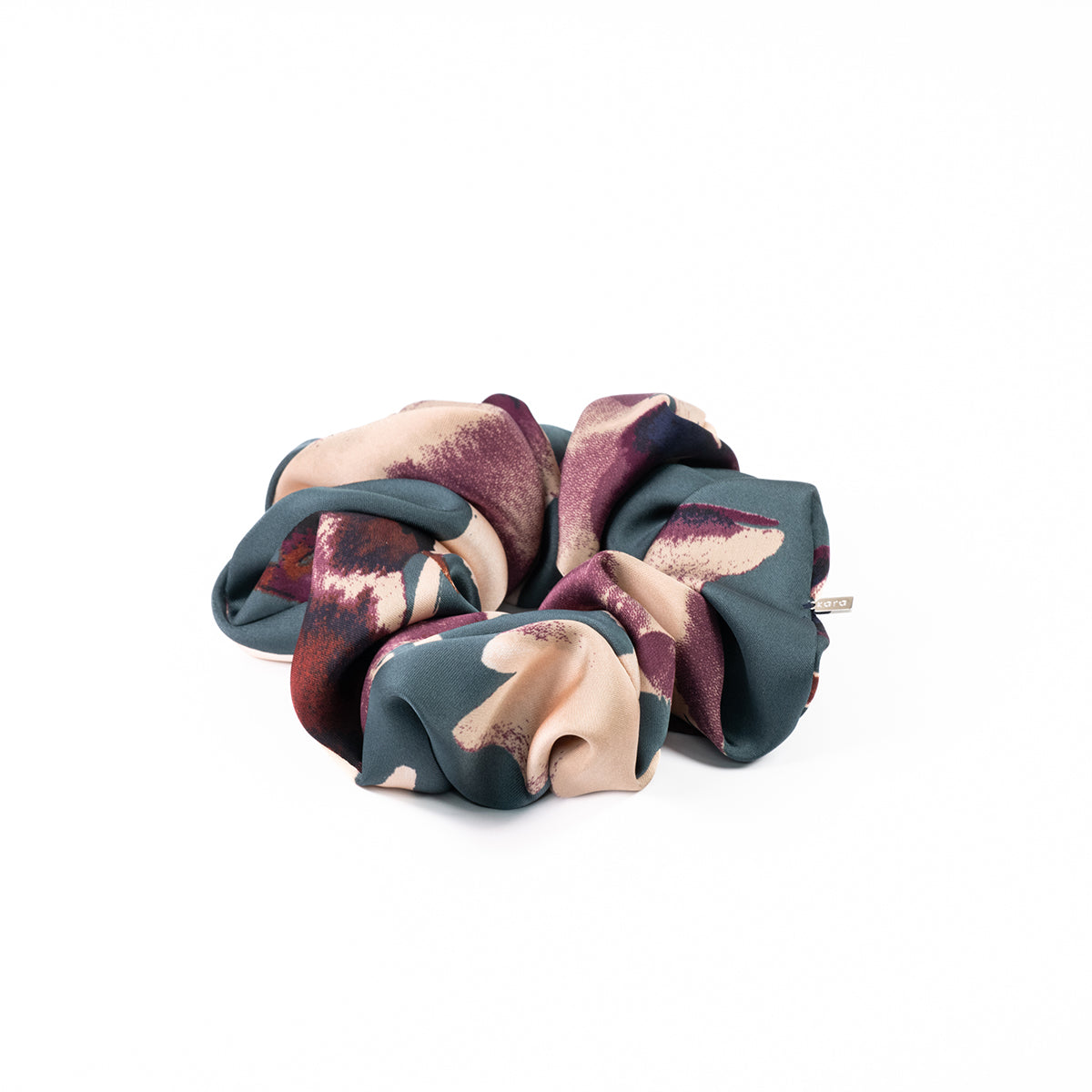 Accessoire à cheveux chouchou satiné moyen au motif floral sarcelle - Sabrina 3