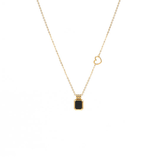 Collier délicat en acier inoxydable or avec insertion de coeur et pendentif onyx noir - Alice 5-1