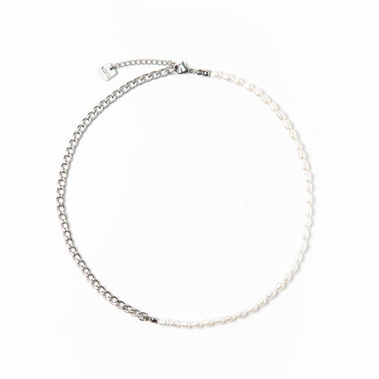 Collier chaîne et perles d'eau douce blanches en acier inoxydable - California 2