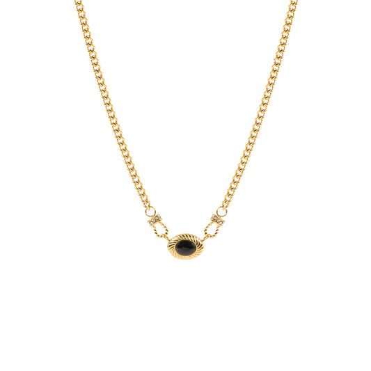 Collier court glamour acier inoxydable or avec pierre ovale onyx noir - Diana 2-1