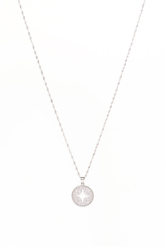 Collier délicat chaîne fine torsadée en argent sterling avec médaillon boussole rhodium Grace 1-1