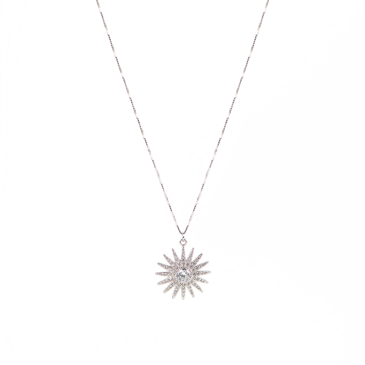 Collier en argent sterling chaîne box avec pendentif soleil plaqué rhodium Ivy 3-1