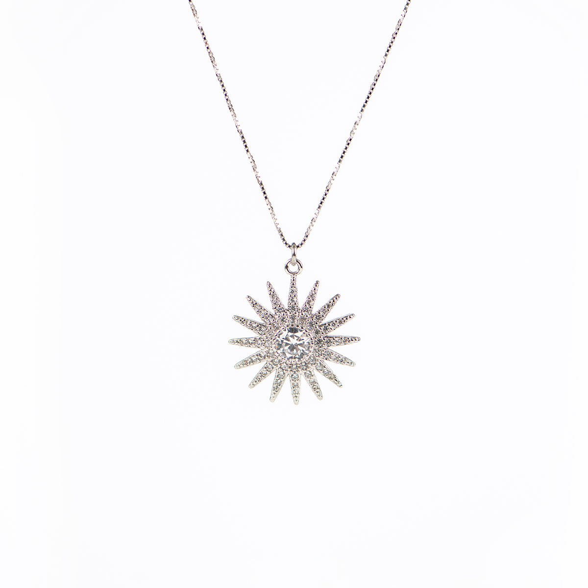 Collier en argent sterling chaîne box avec pendentif soleil plaqué rhodium Ivy 3-2